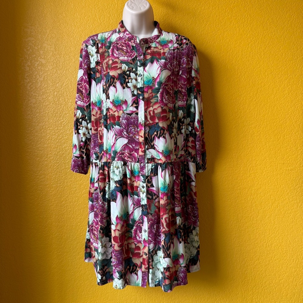 Atelier Nicole Miller Silk Floral Multicolor White Lotus style Drop waist Dress